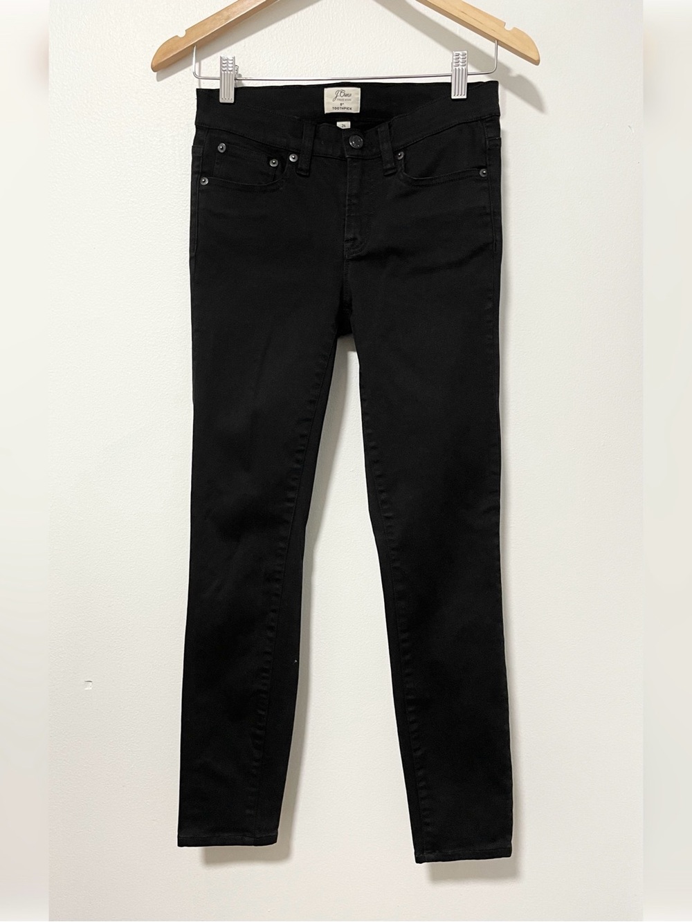 J Crew Toothpick Skinny Jeans Black Mid Rise Stretch Gothic Minimalist Noir 26